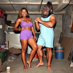 A playful scene featuring a light-skinned, thick, 5'6" woman resembling Kellie Shanygne Williams, smiling brightly as she stands barefoot in a messy basement