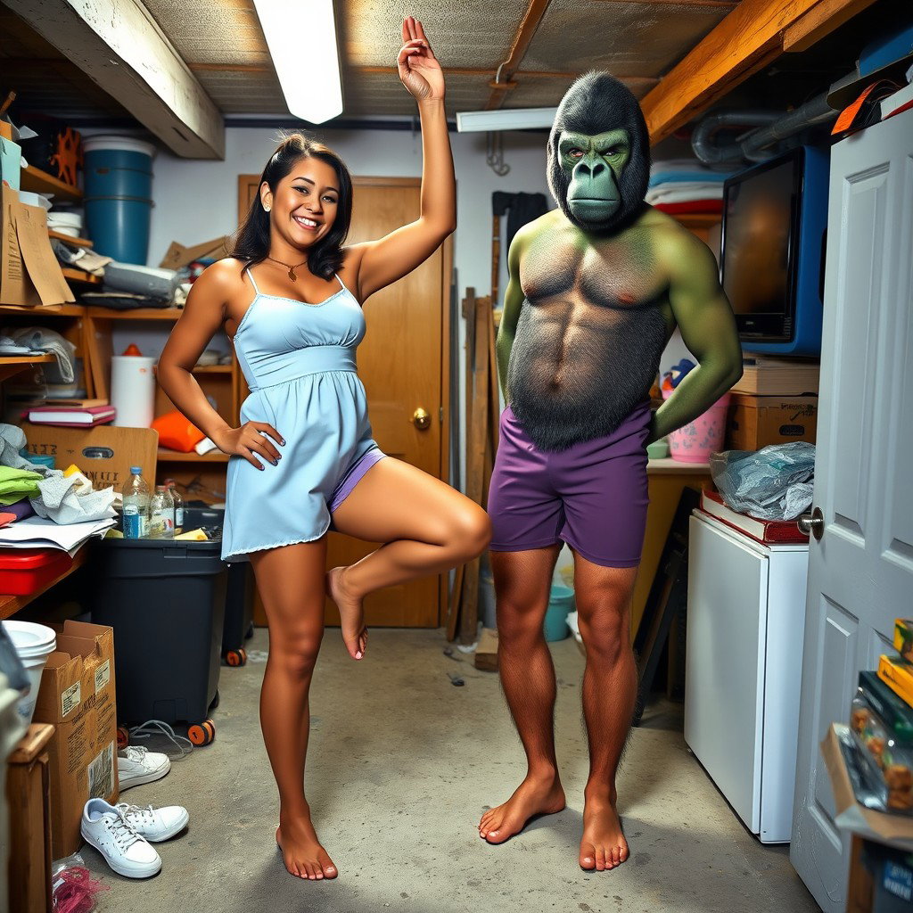 A playful and whimsical scene in a messy basement featuring Kellie Shanygne Williams, a light-skinned woman, standing barefoot and smiling