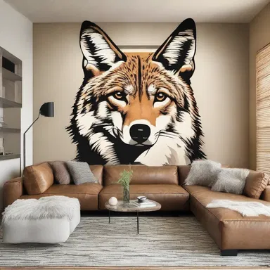 The modern home design incorporates a unique touch by integrating a stunning coyote mural into the living room wall.