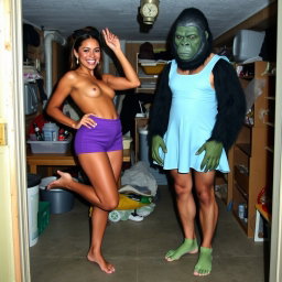 A playful and whimsical scene in a messy basement featuring Kellie Shanygne Williams, a light-skinned woman, standing barefoot and smiling
