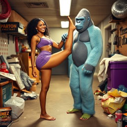A whimsical fantasy scene featuring Kellie Shanygne Williams, a light-skinned woman standing 5'6" tall, smiling brightly while barefoot