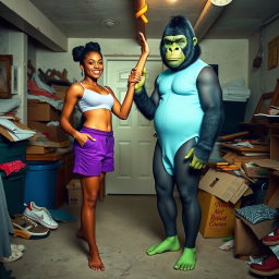 A whimsical fantasy scene featuring Kellie Shanygne Williams, a light-skinned woman standing 5'6" tall, smiling brightly while barefoot