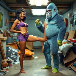A whimsical fantasy scene featuring Kellie Shanygne Williams, a light-skinned woman standing 5'6" tall, smiling brightly while barefoot