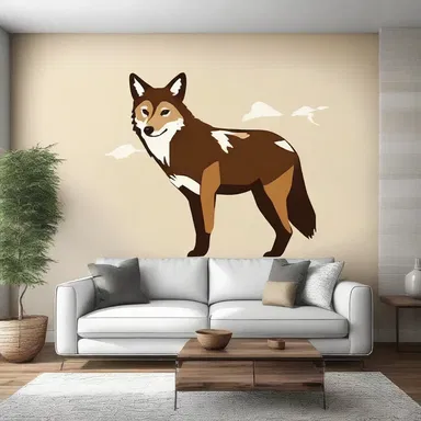The modern home design incorporates a unique touch by integrating a stunning coyote mural into the living room wall.