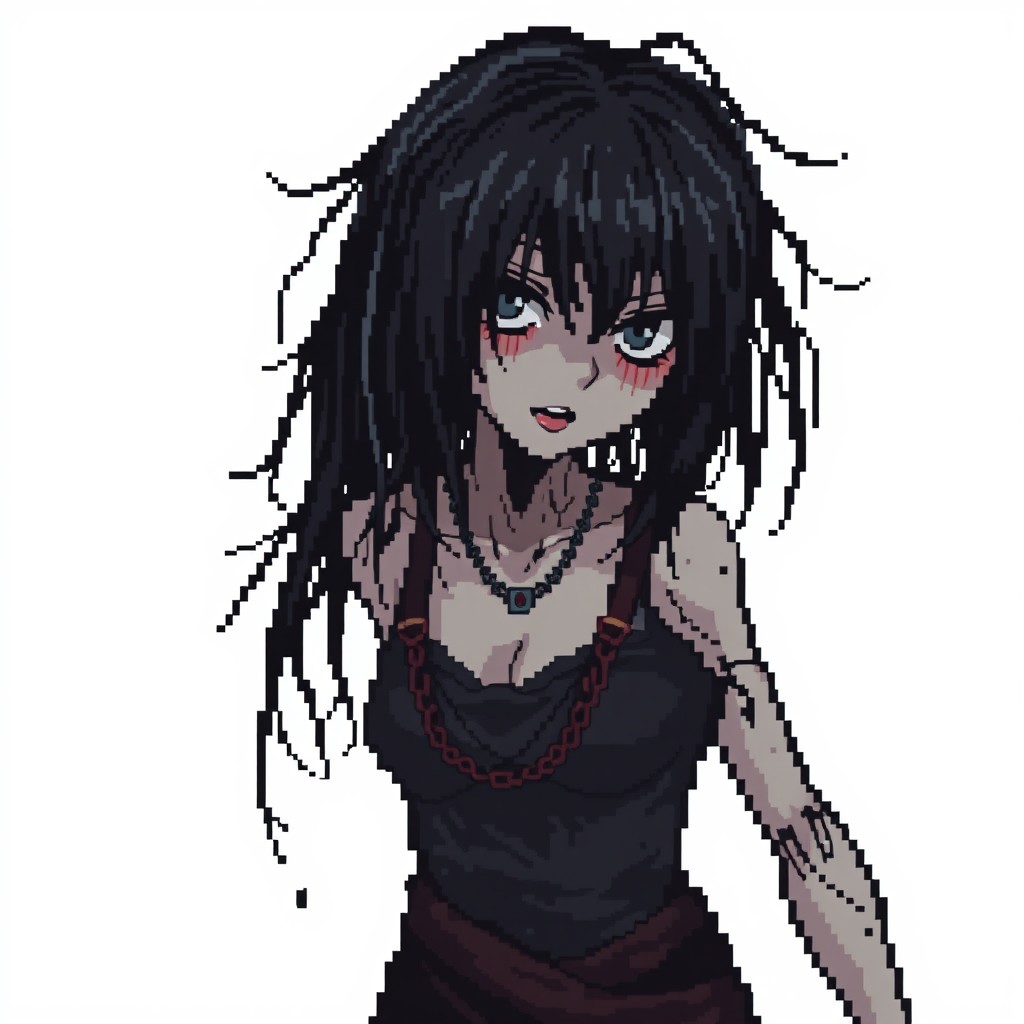A pixel art depiction of a manga woman in a horror theme inspired by Silent Hill