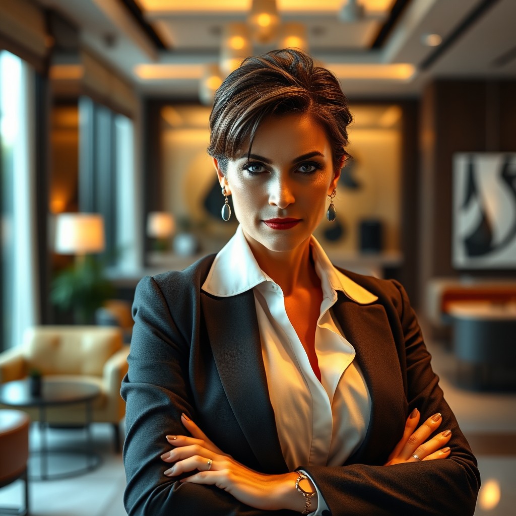 A mature and confident woman in a stylish business suit, exuding an air of authority and sophistication