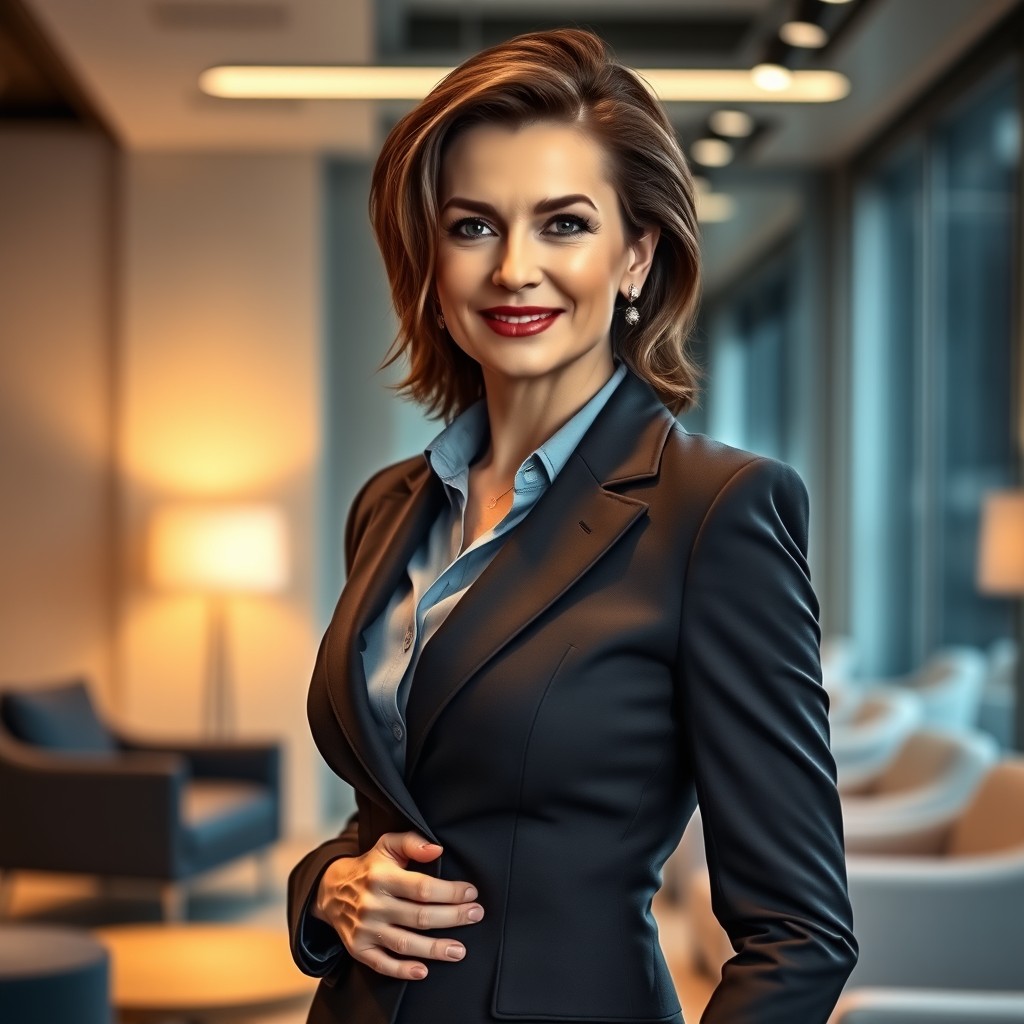 A mature and confident woman in a sleek and fitted business suit, radiating power and sophistication