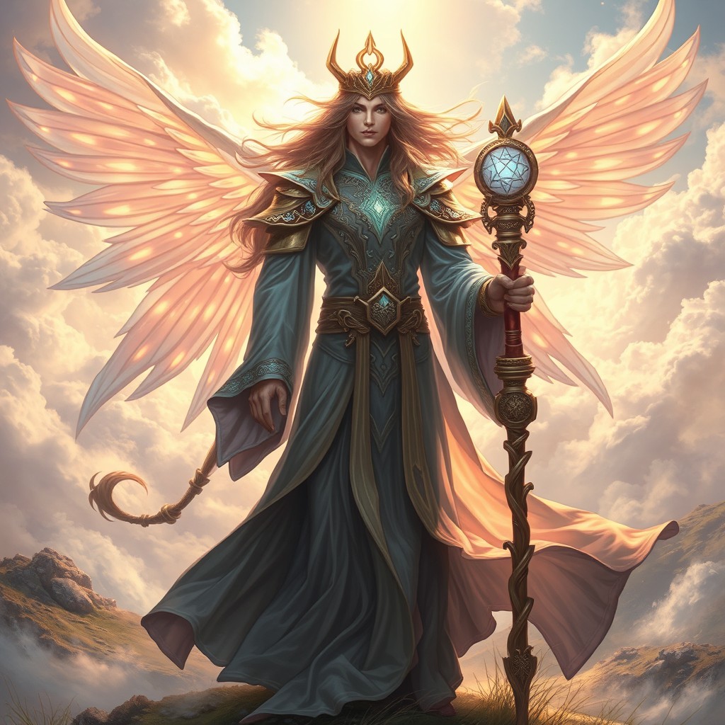 A majestic Aasimar Warlock character standing tall amidst swirling winds, adorned in intricate robes that shimmer with ethereal light