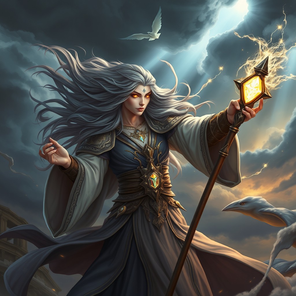 An Aasimar Warlock casting powerful wind magic, surrounded by swirling gusts and ethereal winds