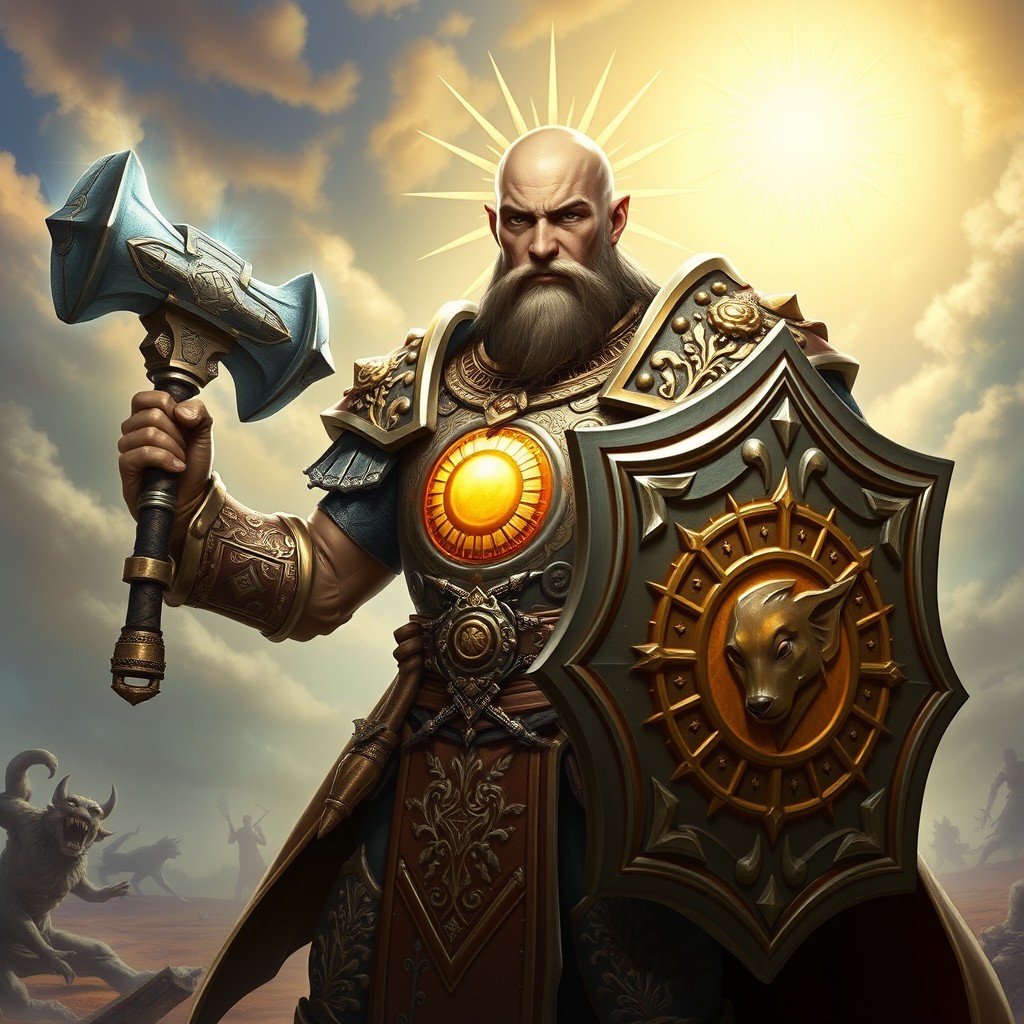 A bald aasimar war cleric, radiating celestial energy, stands confidently in a dynamic pose