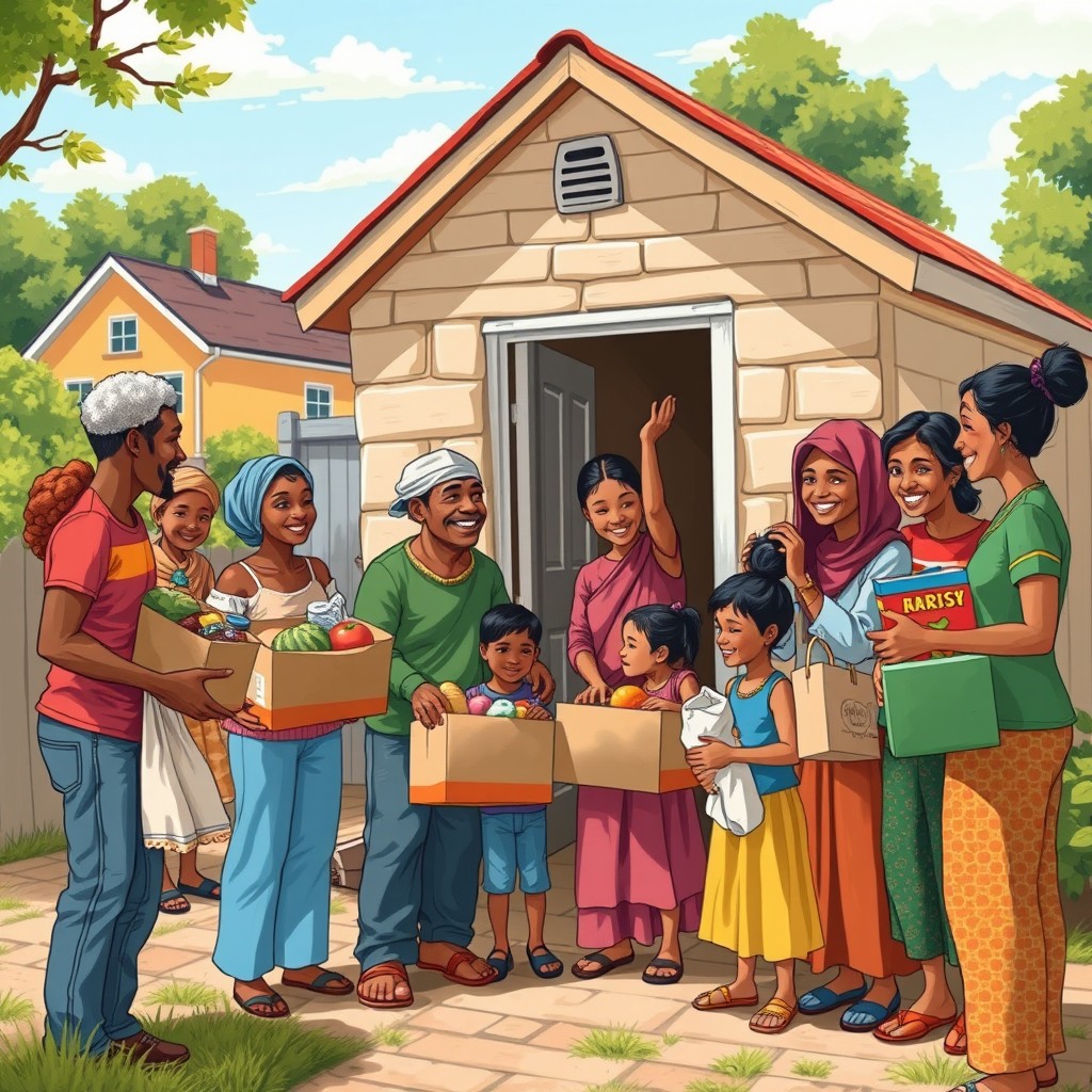 A heartwarming scene depicting a poor family receiving generous support from their local community