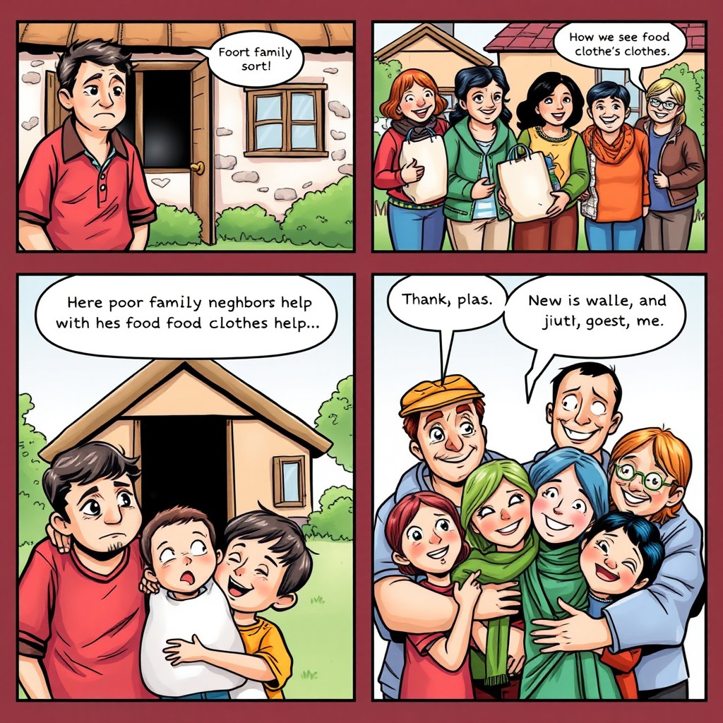 A comic strip illustrating a poor family receiving help from their community