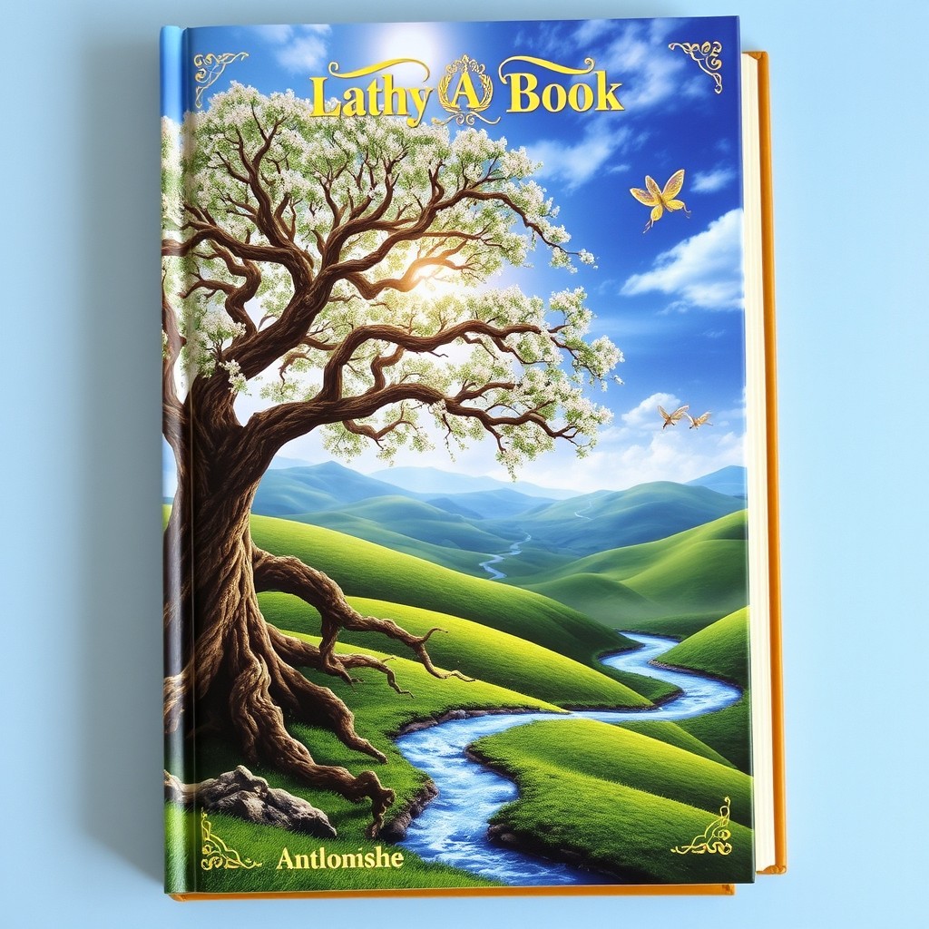 A beautifully designed book cover featuring an enchanting fantasy landscape with rolling green hills under a vibrant blue sky