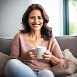 A loving, caring mother with a warm smile on her face, holding a steaming cup of coffee while sitting comfortably in her living room.