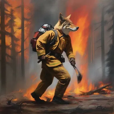 The painting showcased a powerful image of a coyote firefighter battling a massive forest fire.