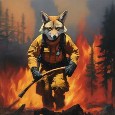 The painting showcased a powerful image of a coyote firefighter battling a massive forest fire.