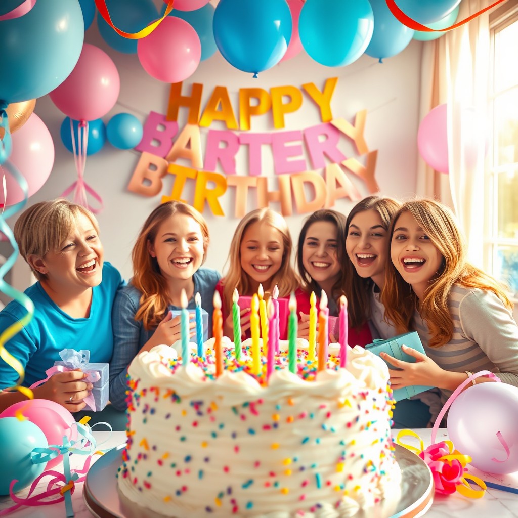 A joyful birthday celebration scene featuring a beautifully decorated cake with colorful candles, surrounded by vibrant balloons and streamers