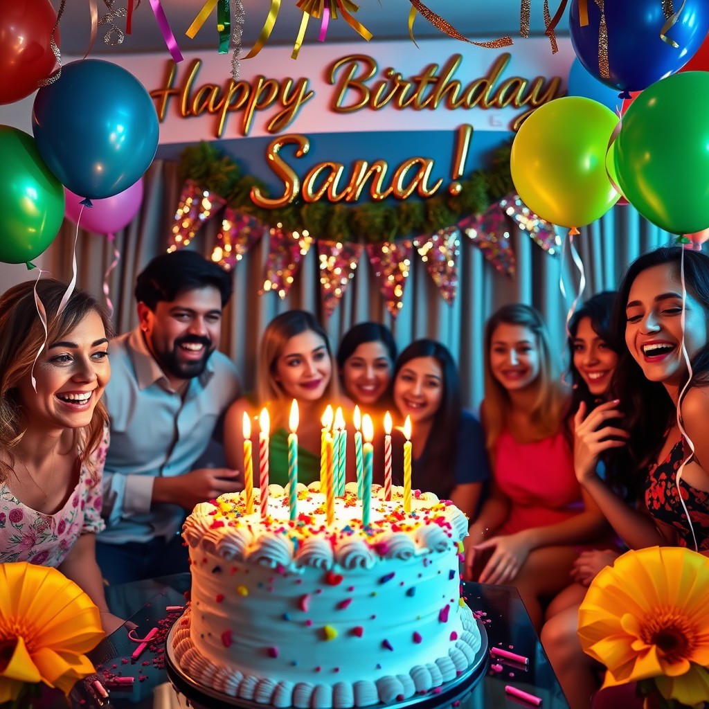 A colorful and festive birthday scene featuring a beautifully decorated birthday cake with candles, vibrant balloons, glittering streamers, and a 'Happy Birthday Sara!' banner in elegant lettering