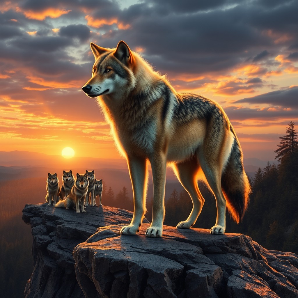 A powerful and realistic scene depicting the theme of loyalty, featuring a majestic wolf standing proudly on a rocky cliff at sunrise
