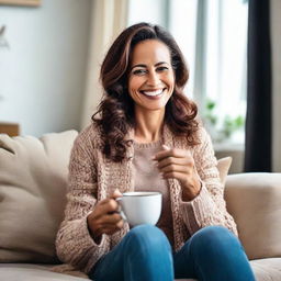 A loving, caring mother with a warm smile on her face, holding a steaming cup of coffee while sitting comfortably in her living room.