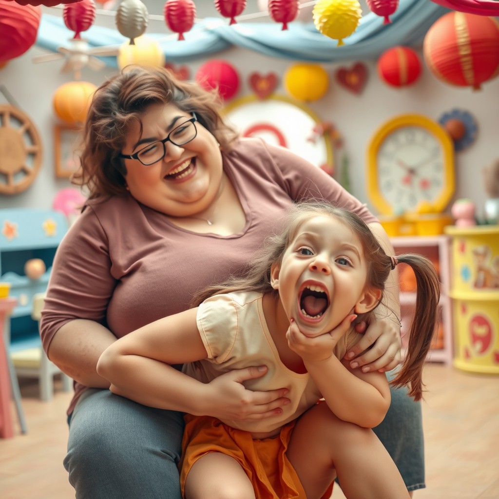 A whimsical scene featuring a plump woman sitting playfully on a young girl, who is exaggeratedly reacting with surprise and excitement