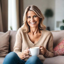 A loving, caring mother with a warm smile on her face, holding a steaming cup of coffee while sitting comfortably in her living room.