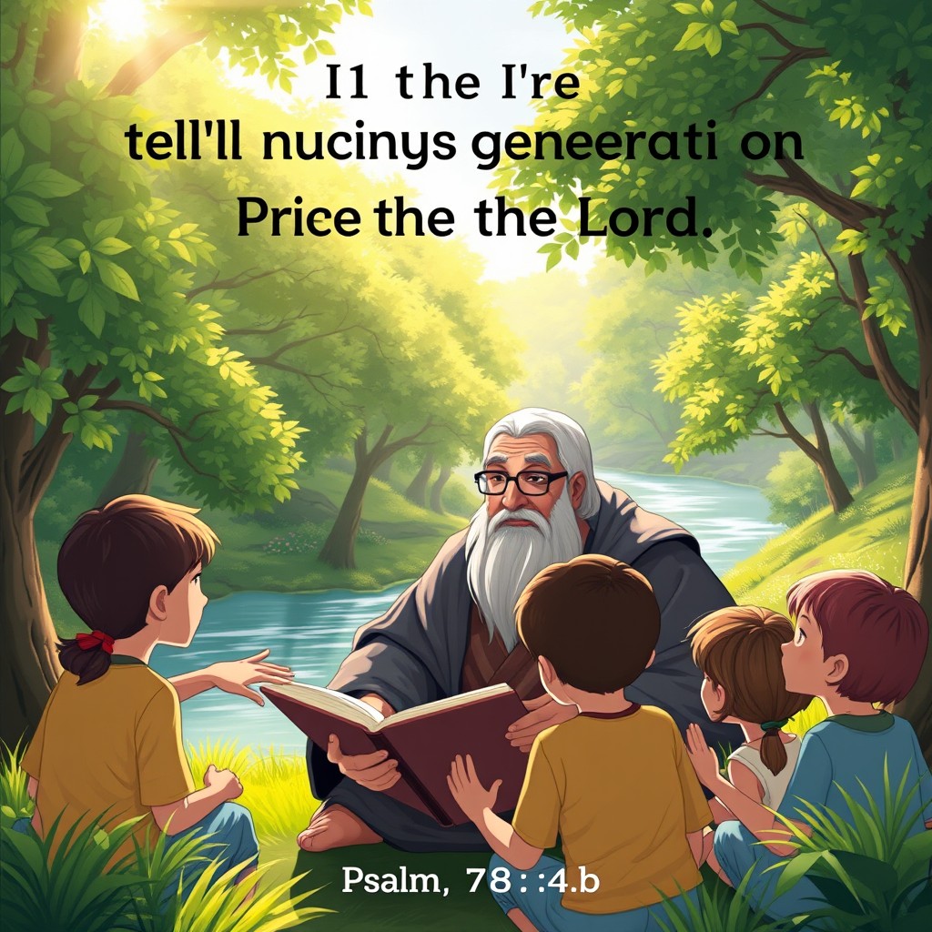 A beautifully illustrated scene depicting the powerful message of Psalm 78:4b, which talks about telling the coming generation the praises of the Lord