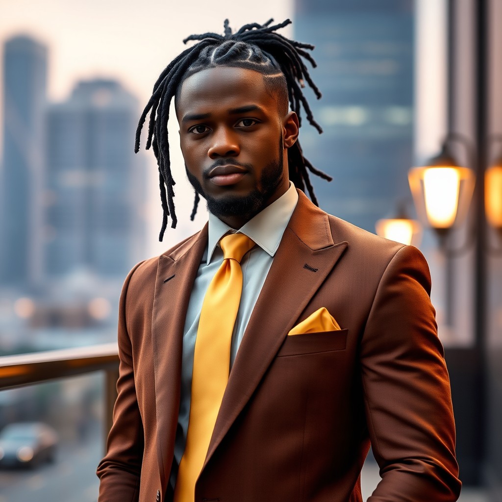 A handsome black man with dreadlocks elegantly pulled back into a neat ponytail, dressed in a stylish brown and gold suit with a matching gold straight tie