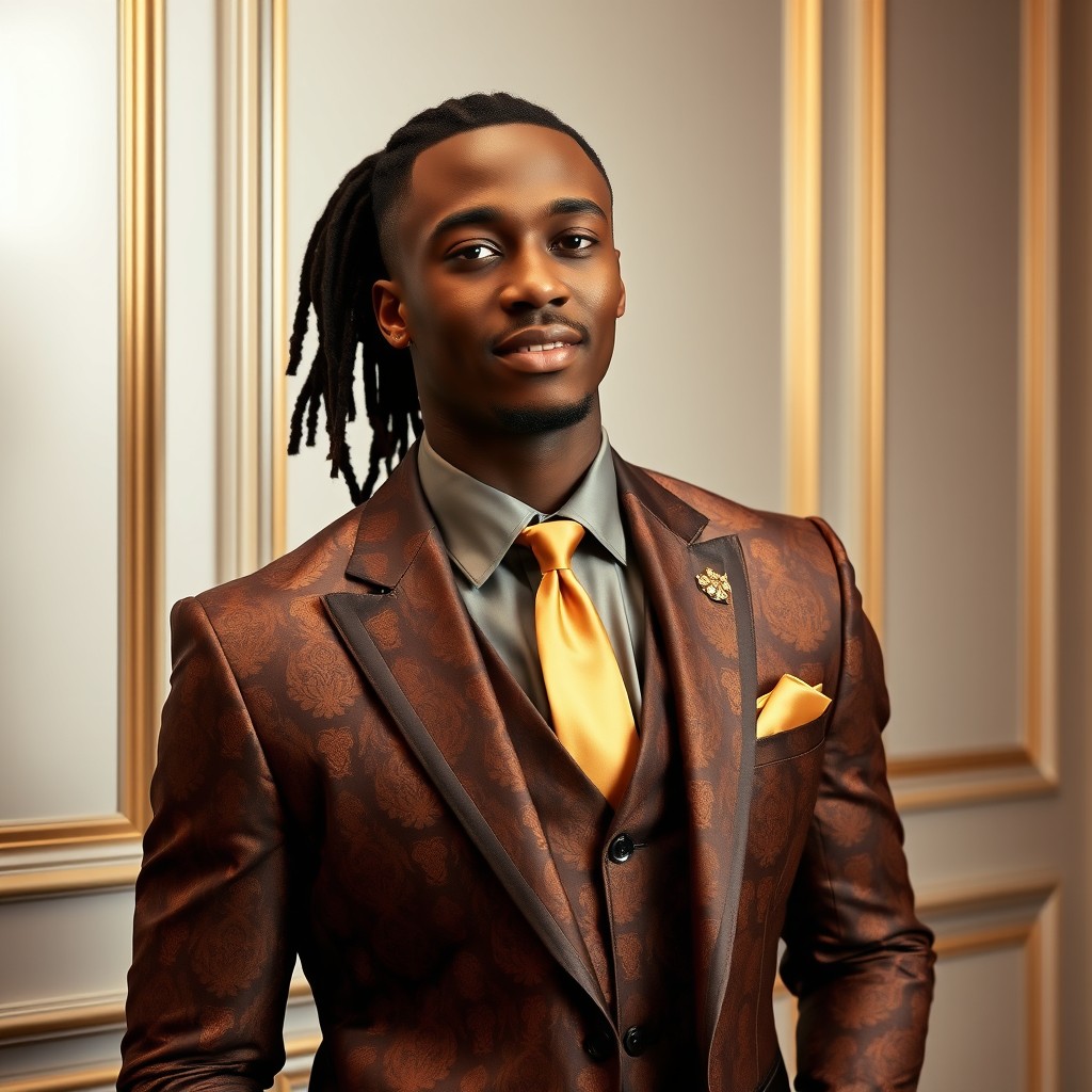 A handsome black man with dreadlocks elegantly pulled back into a neat ponytail, dressed in a stylish brown and gold suit with a matching gold straight tie