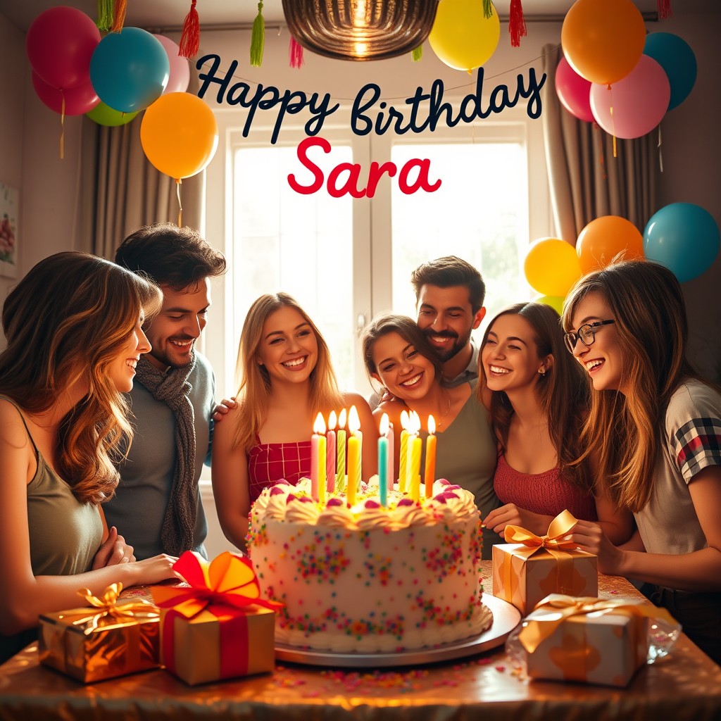 A beautifully designed birthday scene celebrating Sara's birthday, featuring a vibrant cake with colorful candles, cheerful balloons in the background, and decorations adorned in festive colors