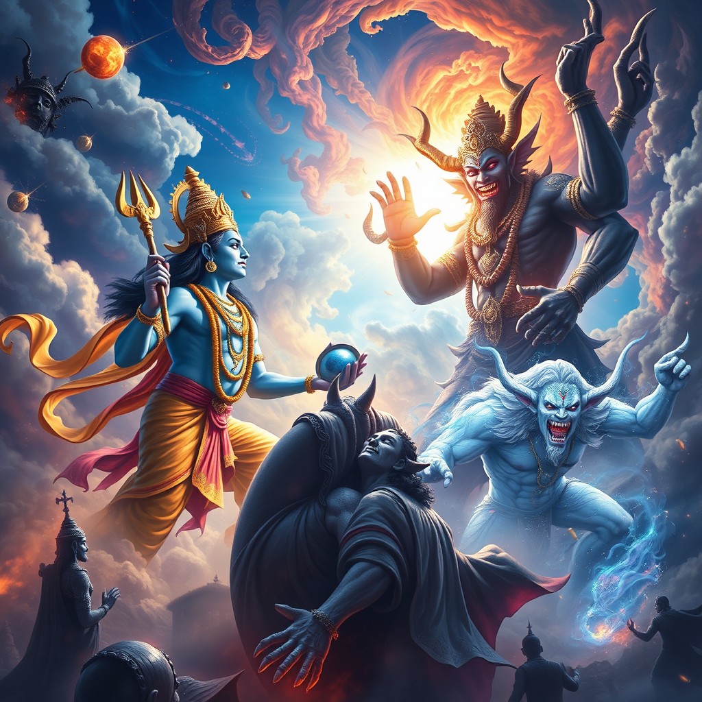 A dynamic and epic confrontation scene between Lord Vishnu, depicted with his traditional blue skin, elegant robes, and majestic crown, wielding his conch and discus, facing off against Malyavan, a powerful demon depicted as a towering figure with dark, twisted features and a menacing aura