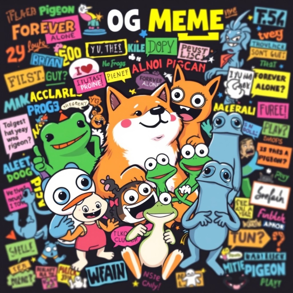 A vibrant collage celebrating the essence of OG memes, featuring iconic elements like the 'Doge' Shiba Inu, 'Pepe the Frog', and 'Bad Luck Brian' in a playful arrangement