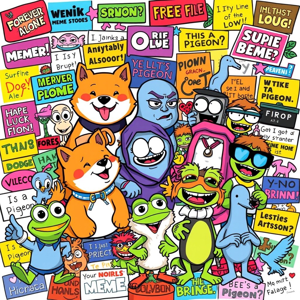 A vibrant collage celebrating the essence of OG memes, featuring iconic elements like the 'Doge' Shiba Inu, 'Pepe the Frog', and 'Bad Luck Brian' in a playful arrangement