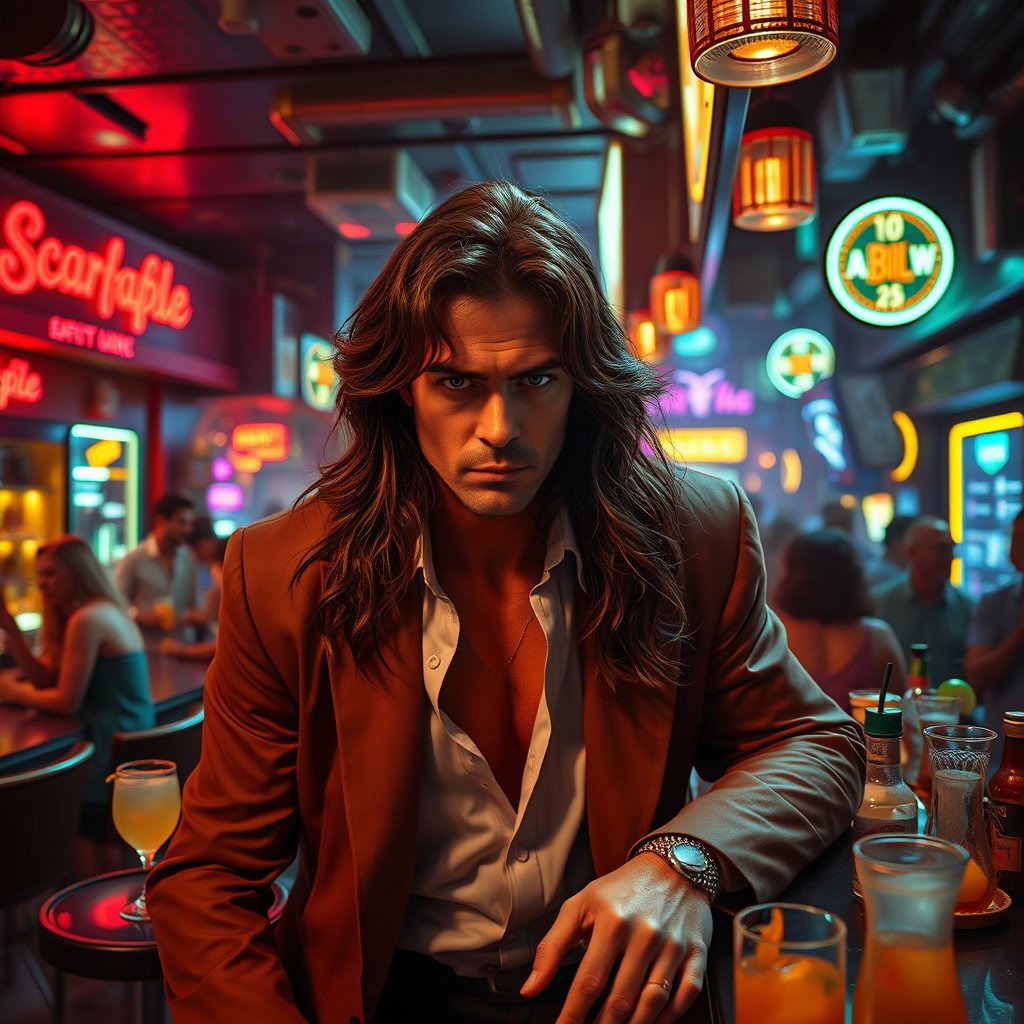 A lively human bar scene inspired by the iconic vibes of 'Scarface', featuring a charismatic figure with long, flowing hair