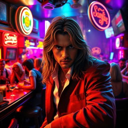 A lively human bar scene inspired by the iconic vibes of 'Scarface', featuring a charismatic figure with long, flowing hair