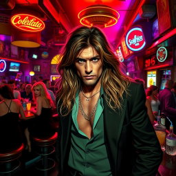 A lively human bar scene inspired by the iconic vibes of 'Scarface', featuring a charismatic figure with long, flowing hair