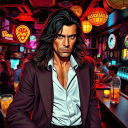 A lively human bar scene inspired by the iconic vibes of 'Scarface', featuring a charismatic figure with long, flowing hair
