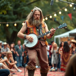 A full-body portrait of a male bard with long hair and a thick beard, passionately playing a banjo