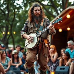 A full-body portrait of a male bard with long hair and a thick beard, passionately playing a banjo
