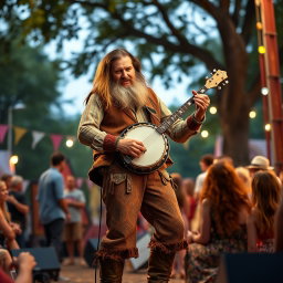 A full-body portrait of a male bard with long hair and a thick beard, passionately playing a banjo