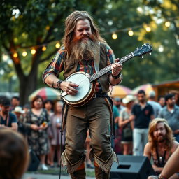 A full-body portrait of a male bard with long hair and a thick beard, passionately playing a banjo