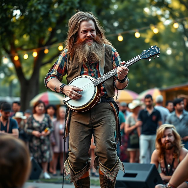 A full-body portrait of a male bard with long hair and a thick beard, passionately playing a banjo