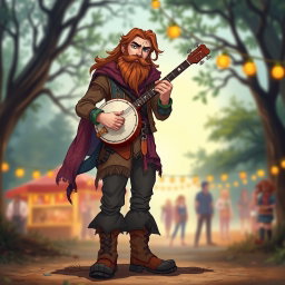 A full-body character illustration of a male bard with long hair and a thick beard, holding a banjo in a captivating pose
