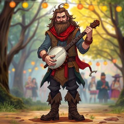A full-body character illustration of a male bard with long hair and a thick beard, holding a banjo in a captivating pose