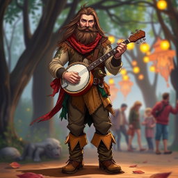 A full-body character illustration of a male bard with long hair and a thick beard, holding a banjo in a captivating pose