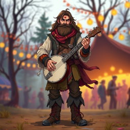 A full-body character illustration of a male bard with long hair and a thick beard, holding a banjo in a captivating pose