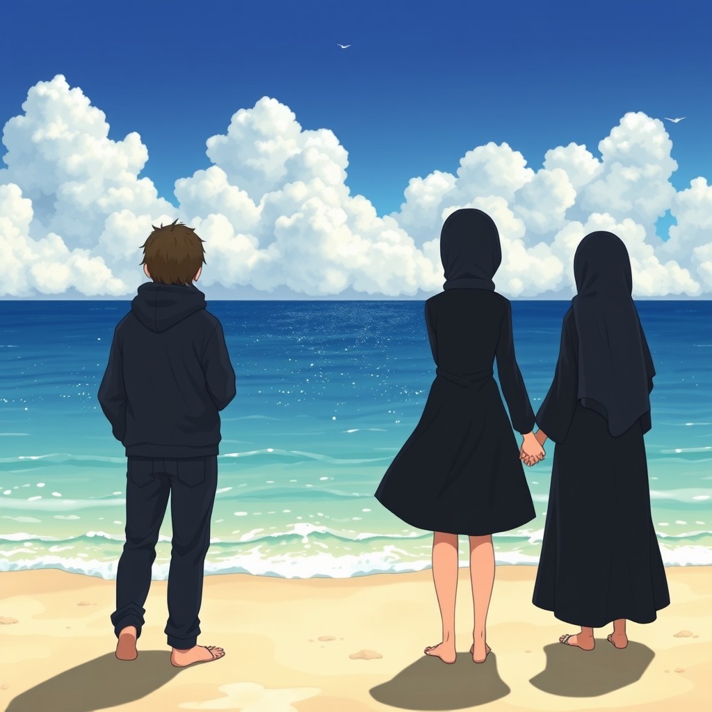 A Studio Ghibli inspired anime artwork of a couple holding hands standing on a beach, viewed from behind