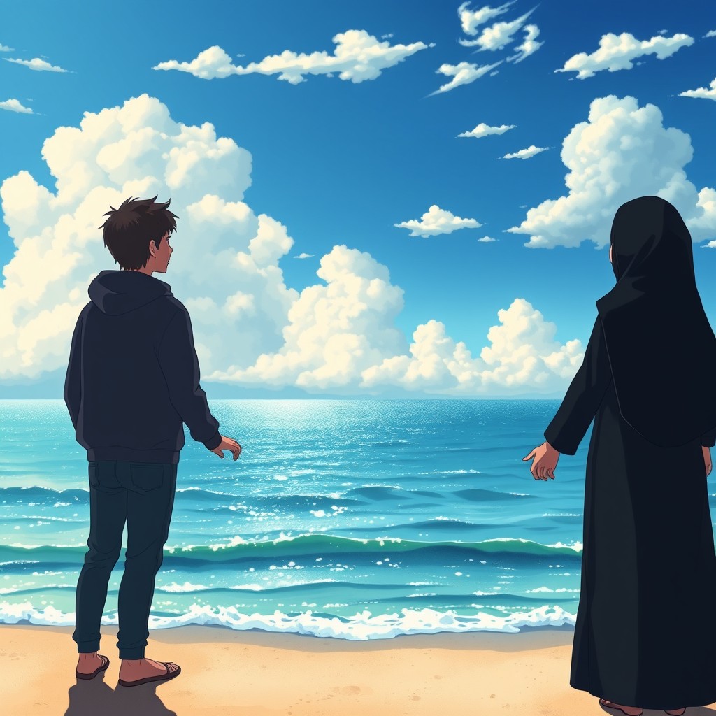 A Studio Ghibli inspired anime artwork of a couple holding hands standing on a beach, viewed from behind