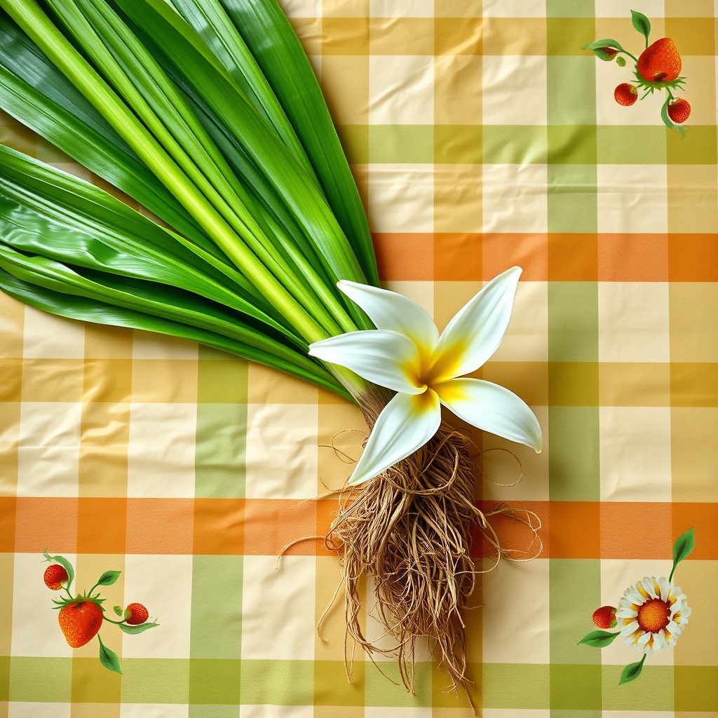 A detailed still life photograph of a single long green stem of freshly picked white water lily with exposed tangled roots, placed diagonally on a plastic tablecloth in the corner of the table