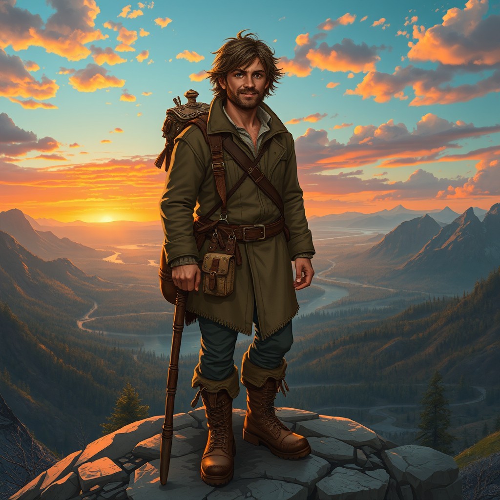 A rambler human Dungeons and Dragons character, dressed in a rugged and adventurous outfit suitable for exploring vast landscapes